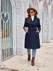 大码纯色口袋系带翻领风衣 - 藏蓝色 - 查看 3