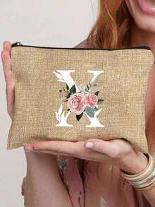 字母 A-Z 花卉印花化妆包，女孩礼物，可爱复古简约时尚字母图案印花包收纳包，小物品收纳化妆品袋，收纳袋，化妆品收纳袋，洗漱包，手拿包，轻便可折叠收纳袋，简易购物袋，教师礼物手拿包，护士、医生、教师收纳包，适合个人旅行化妆品收纳化妆包化妆品收纳盒化妆品收纳盒化妆包化妆包 - 卡其色 - 查看 36