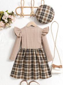 Young Girl Plaid Dress With Beret Hat Set, This Retro Plaid Dress With Beret Cap Has A British Style Vibe, Suitable For Autumn/Winter Season