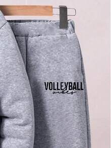 Tween 女童休闲图案印花圆领连帽衫和保暖衬里长裤套装，秋冬 - 深灰色 - 查看 4