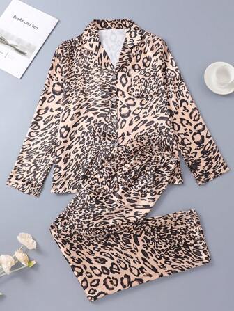 2 pezzi Set pigiama donna a stampa leopardata, camicia a maniche lunghe con bottoni e pantaloni lunghi vita elastica, adatti per la stagione primavera, autunno e inverno come indumento da casa