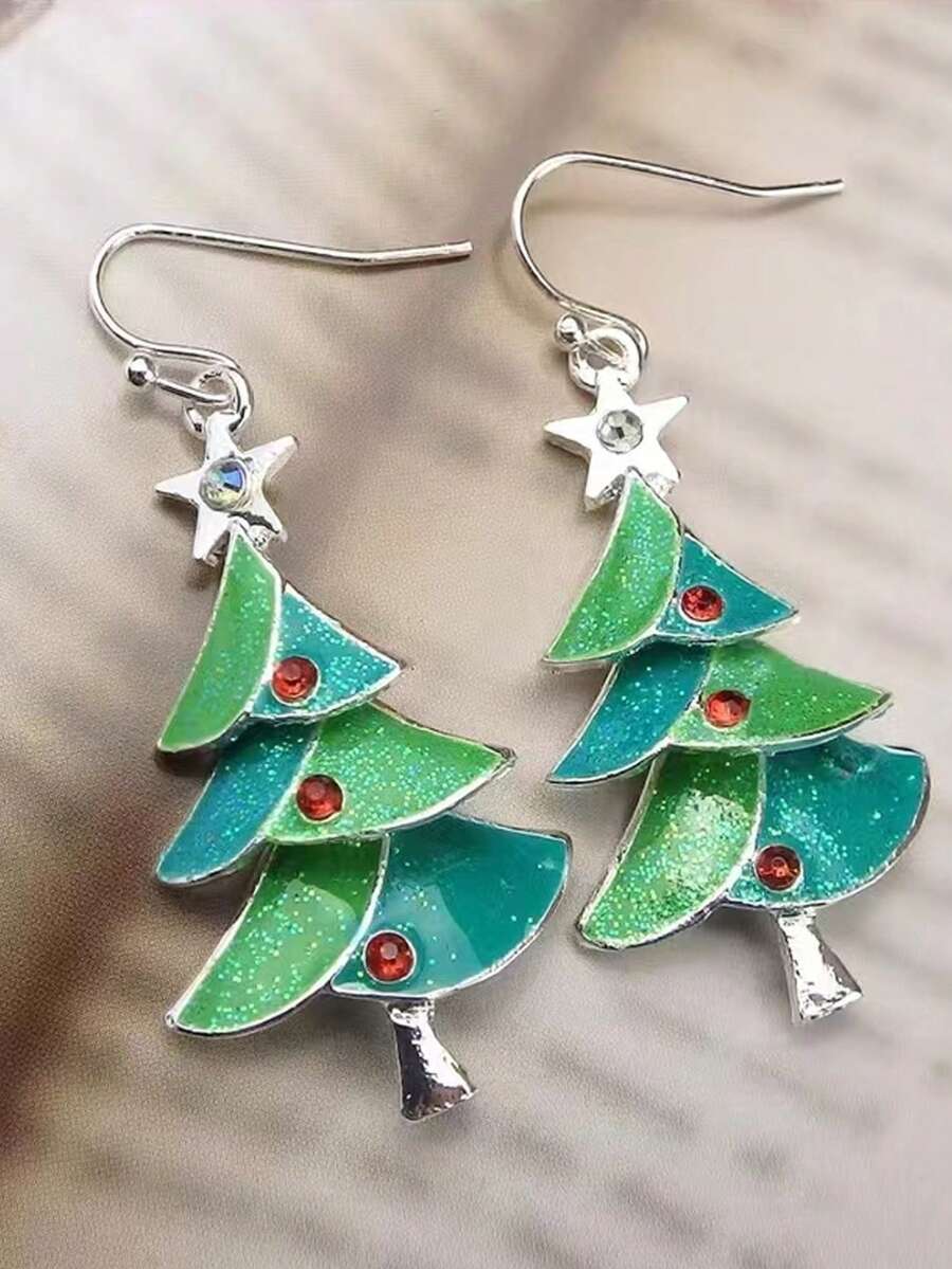 1 对绿星圣诞树吊坠耳环，百搭时尚珠宝，适合女性的圣诞节礼物 - 綠色 - 查看 1