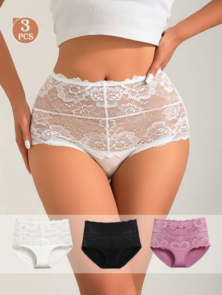 Bộ 3 quần lót tam giác lưng vừa bằng lưới ren dành cho nữ, quần lót hipster phong cách mộc mạc bằng vải jacquard bán trong suốt gợi cảm và thanh lịch, bộ quần lót kết hợp nhiều màu đen, trắng, tím kiểu Pháp thanh lịch - Nhiều màu - Xem 1
