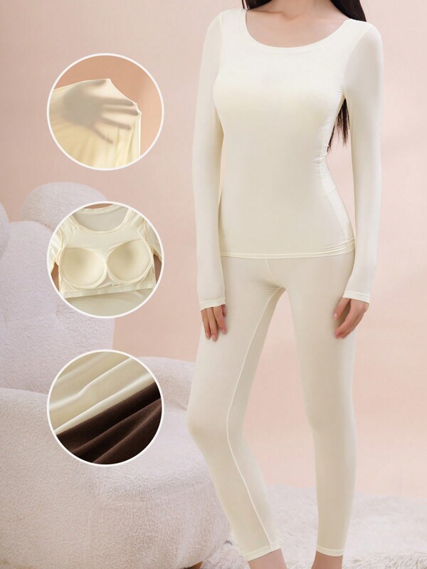 1set Women's Autumn Thermal Underwear Set With Lightly Padded Seamless Soft Cami Top & Bottom