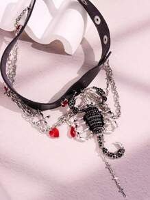 1件奢华朋克风龙生肖水钻镶嵌PU皮龙形流苏项链 - 彩色 - 查看 8