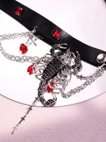 1件奢华朋克风龙生肖水钻镶嵌PU皮龙形流苏项链 - 彩色 - 查看 5