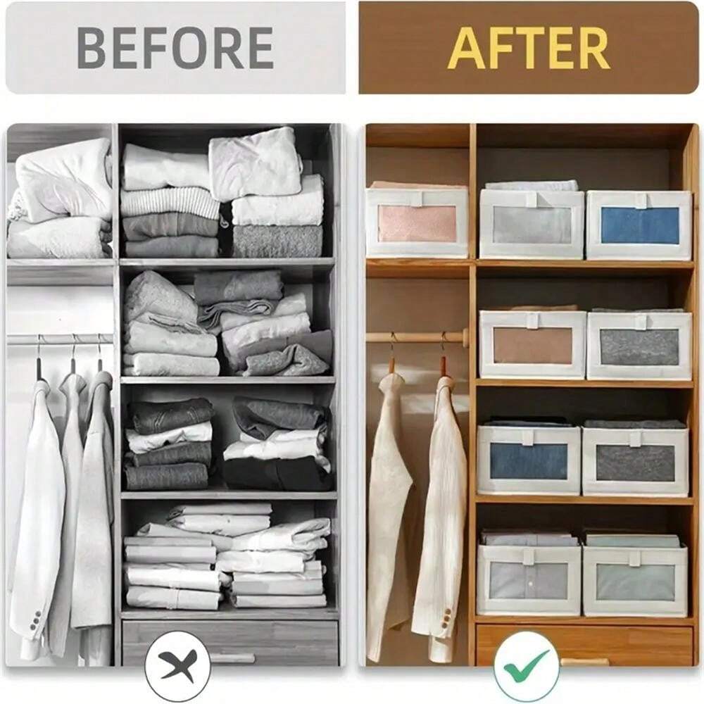 4pcs Large Linen Storage Boxes With Transparent Window, Suitable For