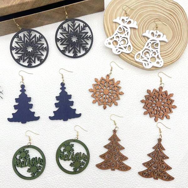 6pairs Set Retro Vintage Multi-Color Christmas Element Wooden Earrings, Holiday Gift, Christmas Earrings