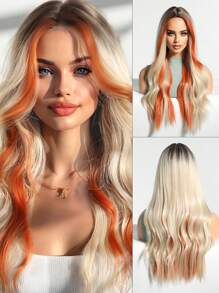 时尚橙色亮点长波浪合成假发：外观自然，耐热，适合万圣节、圣诞派对、角色扮演等日常使用，热卖 - 漸層 - 查看 2