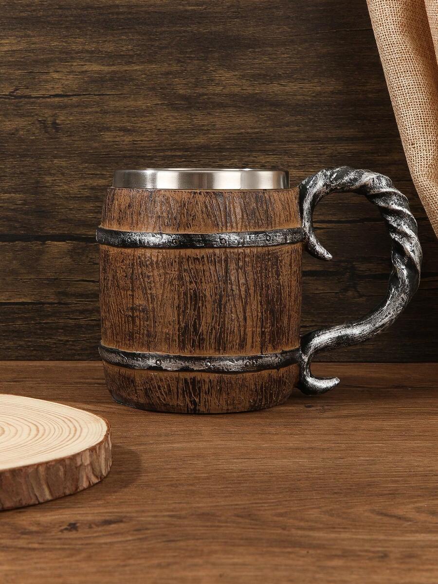 Creative Wooden Barrel Design Beer Mug, Stainless Steel Lined Resin Cup