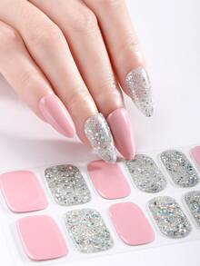 20 miếng dán móng tay dạng gel bán khô (nhiều màu), miếng dán móng pha lê hồng, bộ đầu móng tự dán phủ toàn bộ, bao gồm 1 dũa móng, cần đèn UV, dễ dán và tháo, phù hợp cho phụ nữ và trẻ em gái tự làm móng hàng ngày - Nhiều màu - Xem 3
