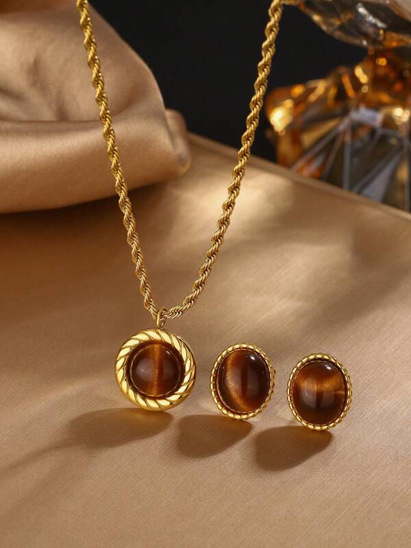 1 Set de 3 piezas de Collar con Colgante y Aretes de Estilo Retro Lujoso Chapado en Oro de 18K con Forma Asimétrica y Cuentas de Color Ámbar, Adecuado para que las Mujeres lo Usen en Eventos Formales o como Regalo de Vacaciones