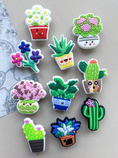 10 PCS Leaf Succulent Series, Potted Plant, Cactus, Flower, Succulent DIY Shoe Decoration Charms For Clogs Bubble Slides Sandals, PVC Shoe Decorations, Beach Bag Accessories, Gift Idea For Birthday Christmas Valentine's Day Halloween, Party Favors