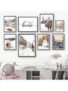 1 件北欧冬季风景海报照片森林松鼠驯鹿圣诞装饰画帆布墙艺术客厅装饰无框架 - 彩色 - 查看 2