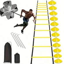 1 套足球敏捷梯训练套件，包括锥体、阻力降落伞、地钉、足球障碍训练梯，用于提高速度和敏捷性 - 彩色 - 查看 10