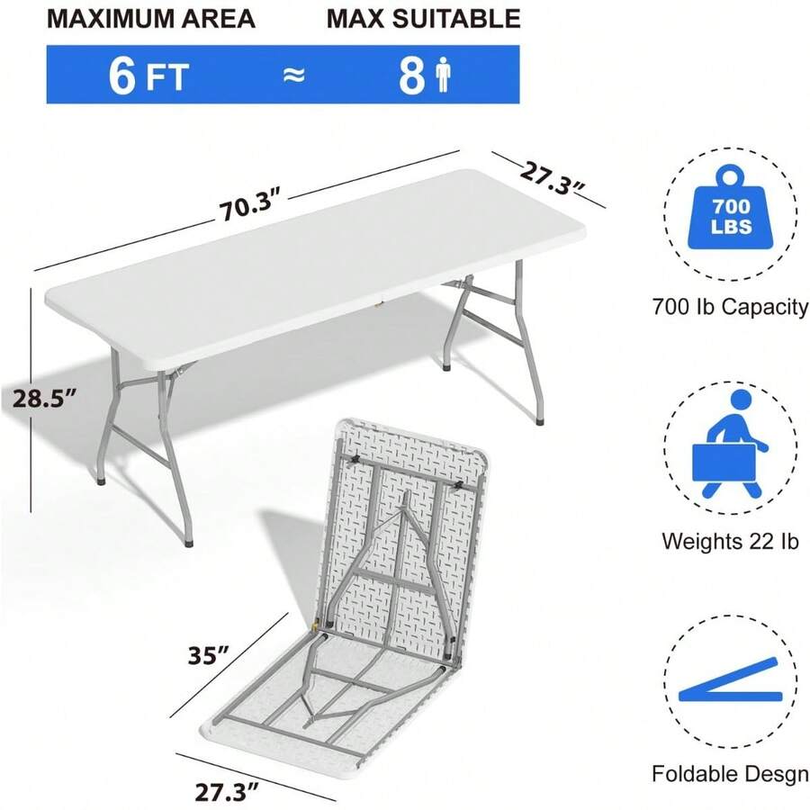 Foldable Table 6ft, Plastic Folding Table, Portable Heavy Duty Dining