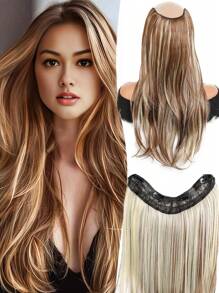 合成女士 V 形长发接发，合成假发，分层接发，蓬松顶垫可增加发量 - 黑棕色 - 查看 26