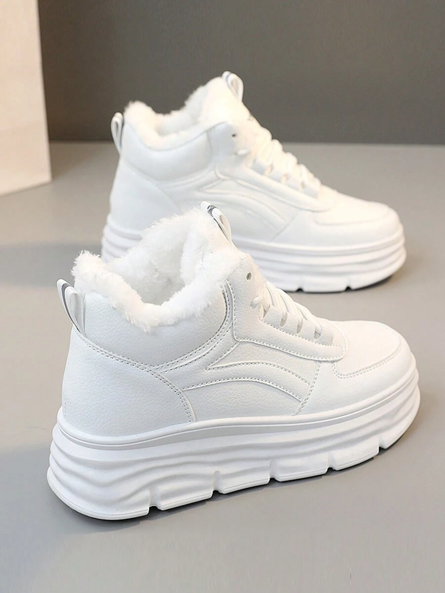 女士冬季高帮运动鞋 - 厚保暖内衬，防滑厚底，时尚几何图案设计，系带闭合，女士运动鞋