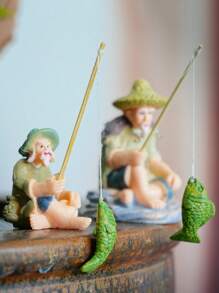 1 pieza Estatua en miniatura de pescador, accesorios de paisajismo de PVC para acuarios, macetas, tanques de peces, soportes, rocallas, decoraciones de musgo verde, adecuado para interiores y exteriores, habitaciones, jardines, patios, césped, terrazas, estanques de peces y estatuas de paisaje, decoración de Halloween, Navidad