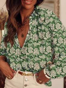 ASVIVID Women's Long Sleeve Floral Print Half Button V Neck With Shirt Collar 2025 New Item - 綠色 - 查看 1