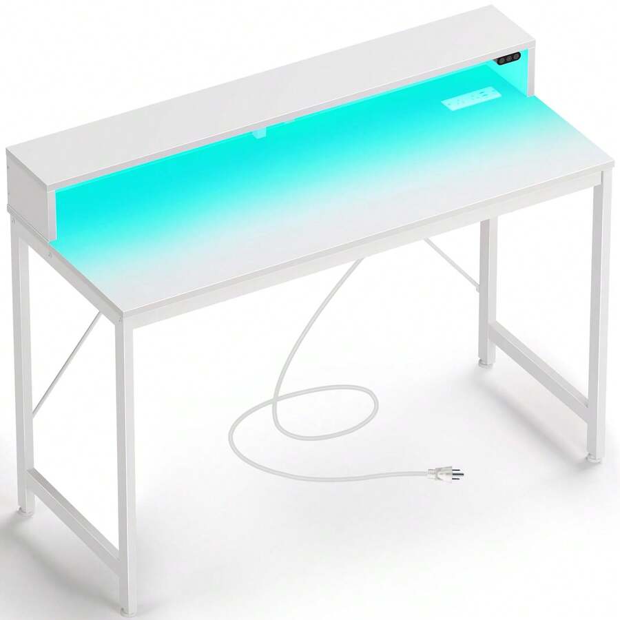Computer Desk 39 Inch With LED Lights & Power Outlets, Home Office Desk
