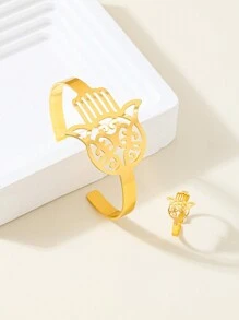 1 Ring+1 Bracelet Fashion Personalized Hollow Carved Palm Ring Bracelet Two Pieces Set