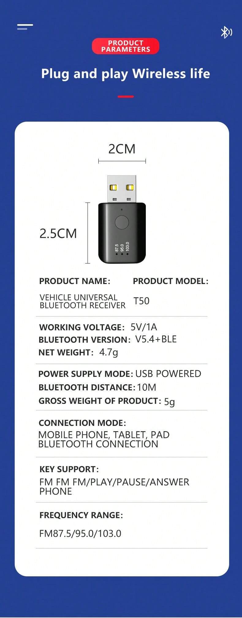 VAORLO Car Bluetooth 5.4 FM Transmitter Handsfree Call Mini USB Power