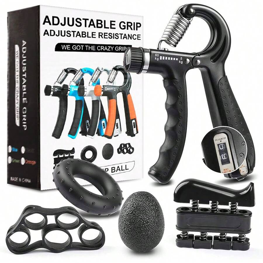5pcs/Set Grip Strength Trainer Kit With Counter, Adjustable Hand Grip Strengthener, Counting Grip Strength, Finger Trainer, Finger Exerciser, Grip Ring & Stress Relief Grip Ball With Carry Bag, Gym