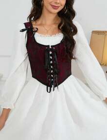 Women's Vintage Floral Corset Lace-Up Fishbone Print Vest Renaissance Pirate Costume - 乾枯玫瑰色 - 查看 7