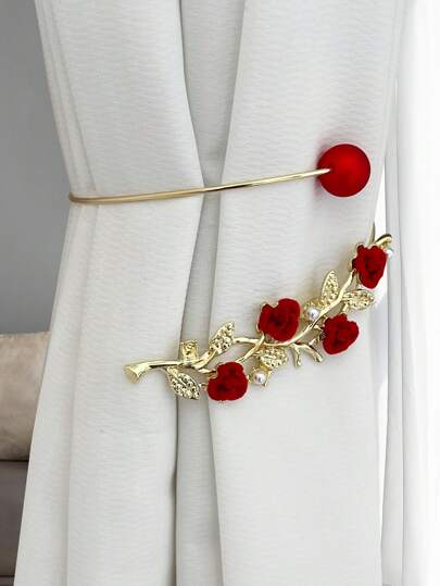 1 kẹp rèm hoa đỏ sang trọng, kẹp rèm ngọc trai đỏ, dụng cụ sắp xếp rèm bằng hợp kim, thích hợp cho phòng khách, phòng ăn, trang trí rèm phòng ngủ, trang trí lễ hội và Giáng sinh
