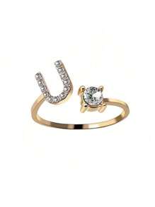 1 Stück modischer einstellbarer Ring mit 26 englischen Buchstaben Design aus kubischem Zirkonia, kreatives Geschenk für Frauen, Paar-Alltagsringe