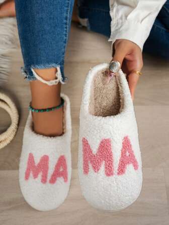 2025 Women's Autumn/Winter New 'MAMA' Embroidered Pattern Indoor Slippers, Warm Casual Closed Toe Soft Flat House Bedroom Slippers For Mothers