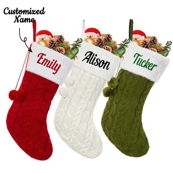 1 Stück personalisierte Weihnachtssocke, Große mit dekorativen Kugeln personalisierte Weihnachtssocken, Feiertags-Familiensocke für den Kamin, Weihnachtsparty Dekoration