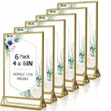 4x6 亚克力标牌架，6 件金色桌面数字架适用于婚礼相框，带垂直支架的双面桌面菜单架，照片和艺术品展示 - 金色 - 查看 1