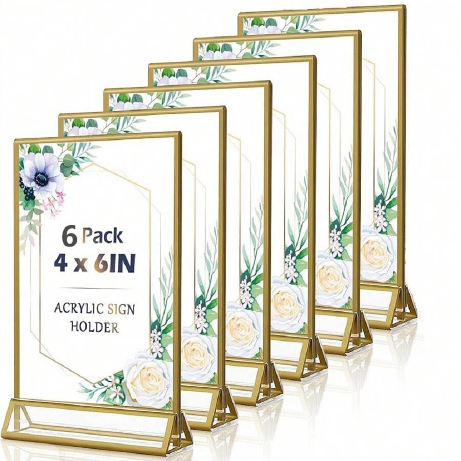 4x6 亚克力标牌架，6 件金色桌面数字架适用于婚礼相框，带垂直支架的双面桌面菜单架，照片和艺术品展示 - 金色 - 查看 1