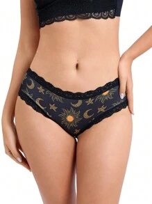 Quần lót Dircho 6 chiếc gợi cảm, dễ thương, kiểu Gothic, phối ren tương phản, họa tiết Halloween đen & cam, sao, trăng và hoa, chất liệu mềm mại, thoải mái, đồ lót nữ. - Nhiều màu - Xem 4