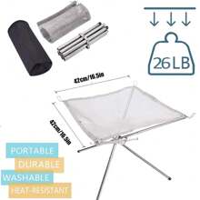 Foyer portable pliable en acier inoxydable maille 16,5 pouces - Équipement de camping pour camping, extérieur, patio, cour et jardin (Argent) (16,5 po)