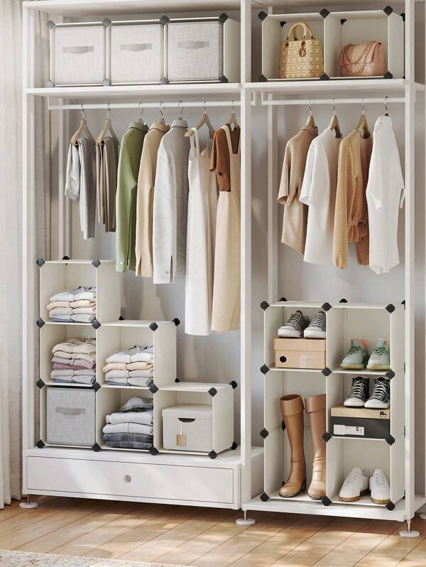 SONGMICS Meuble Rangement 16 Cubes, Organisateur Modulable, Étagère en Plastique, Séparateur de Placard, Rangement Chaussures, pour Chambre, Bureau, 31 x 153 x 153 cm, Blanc Crème
