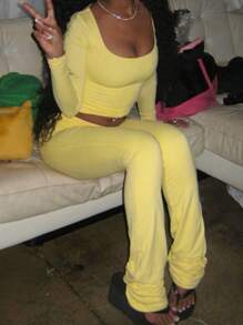 WOWDARK Women's Fashion Square Neck Fitted Casual Cropped Top And Long Pants Set, Autumn