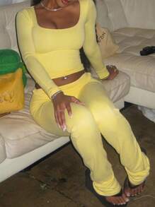 WOWDARK Women's Fashion Square Neck Fitted Casual Cropped Top And Long Pants Set, Autumn