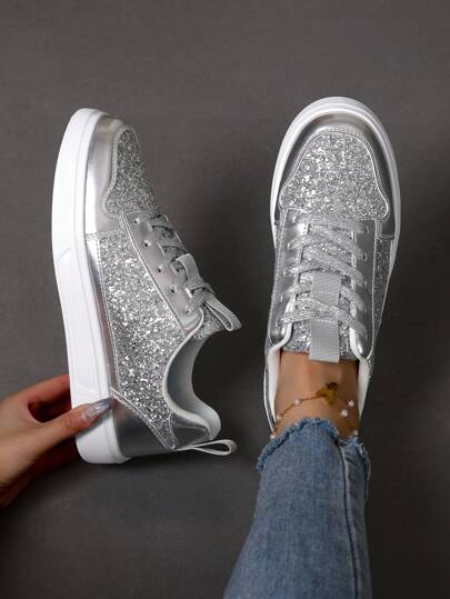 Y2K süß & kantig! 2025 neue silberne Galaxy Glitzer Plateau-Schuhe für Frauen - INS funkelnde vielseitige Lässig Sneaker