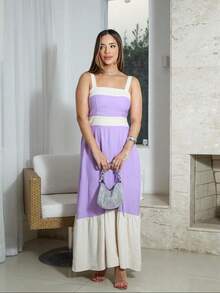 Women's Long Two-Tone Dress With Elastic Back, Elegant, Casual, Summer - Màu Lilac Tím - Xem 2