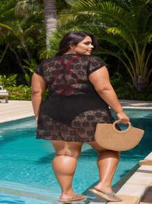 Plus Size Beach Cover-Up With Drawstring At The Waist, Beach Sarong All In Fishnet Lace, Closed At The Front, Short Sleeves, Large Size From 46 To 60 - Black - View 7