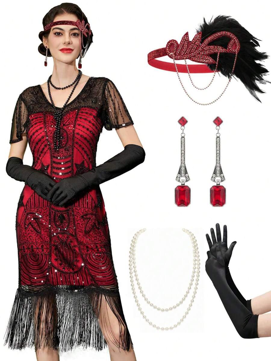 4Pcs 1920s Flapper Accessories Gatsby Costume Accessories Set 20s Flapper Headband Faux Pearl Necklace Gloves Earring Prom - Burgundy - View 1