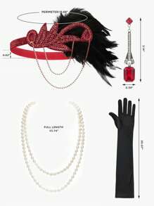 4Pcs 1920s Flapper Accessories Gatsby Costume Accessories Set 20s Flapper Headband Faux Pearl Necklace Gloves Earring Prom - Burgundy - View 2
