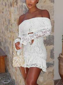 Autumn Long Sleeve Off Shoulder Ruffle Cut Out Lace Mini Dress Bodycon Sexy - White - View 1