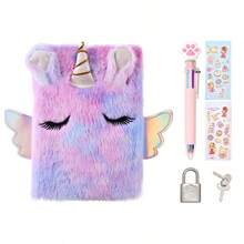 1pc Tie-Dye Purple Unicorn Plush Notebook Set With Lock And Key (Tie-Dye Style, Each Book Is A Different Color) (Two Random Stickers, Not The Main Model) Cat's Paw Multi-Color Pen, 160 Page Plush Secret Notebook Set, Christmas Surprise Learning Gift For Students 14 And Up! - Tie-dye - View 9