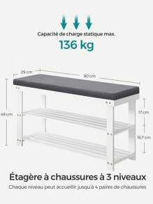 SONGMICS Banc de rangement à chaussures en bambou, porte-chaussures à 2 étagères, organisateur pour chaussures stable pour couloir, salon, siège jusqu'à 136 kg, 29 x 90 x 49 cm, blanc et gris - Multicolore - Voir 3