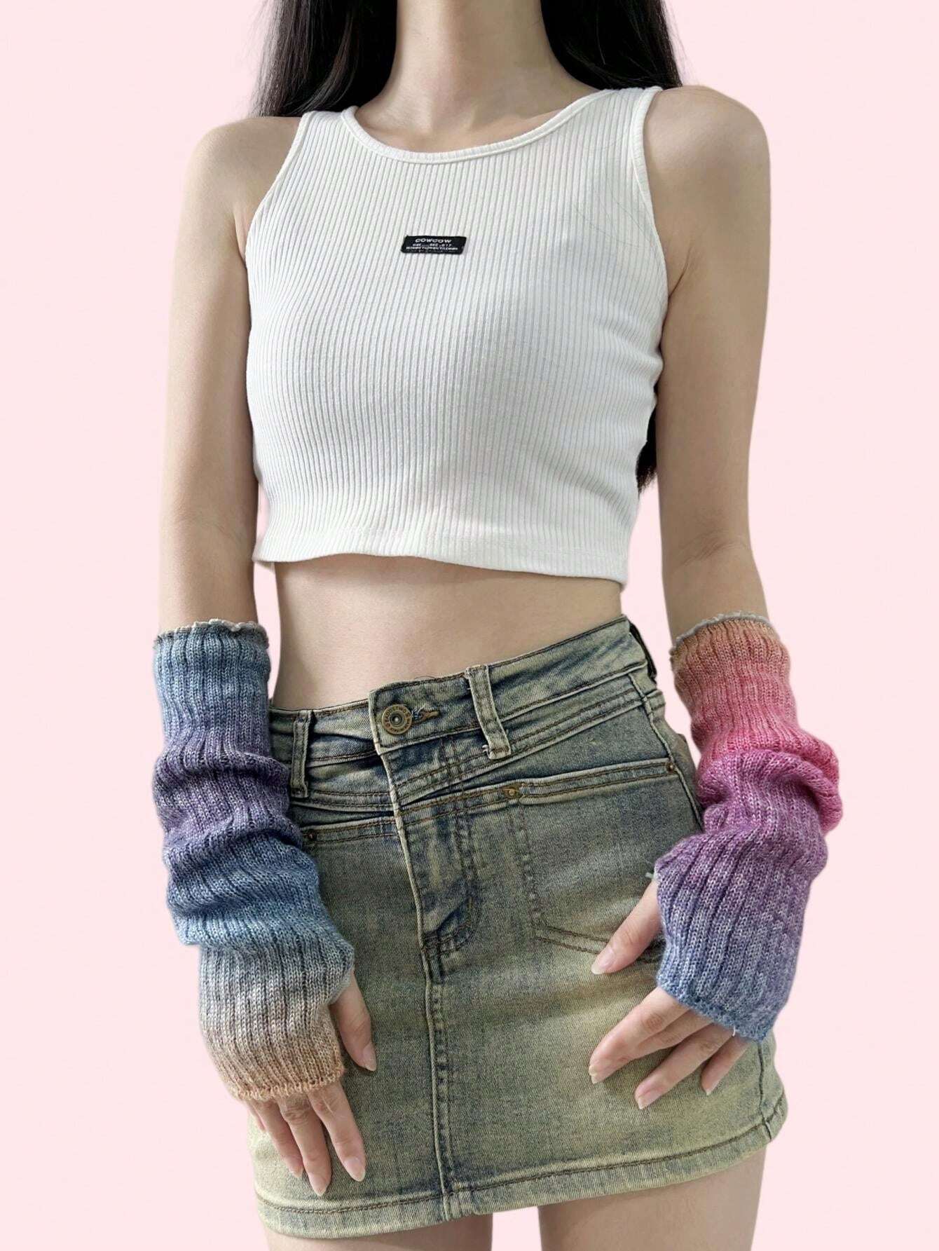 1 Pair Elegant Gradient Color Women Arm Warmers, Knitted Fingerless