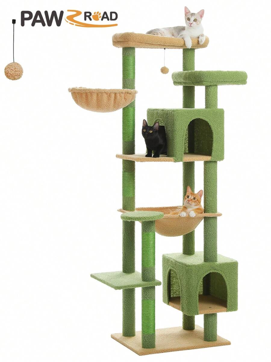 PAWZ Road 175 Cm Multi-Level Cat Tree Tower For Indoor Cats - Activity Center With 5 Sisal Scratching Posts, 2 Caves, Basket, Hammock And Plush Perches